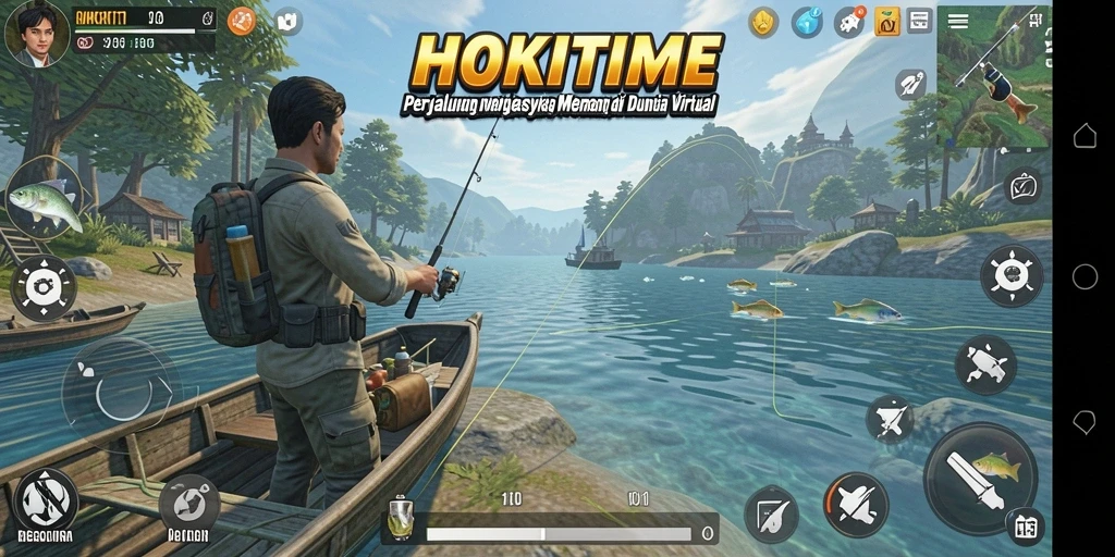 Tampilan gameplay HOKITIME dengan suasana memancing yang menawan.