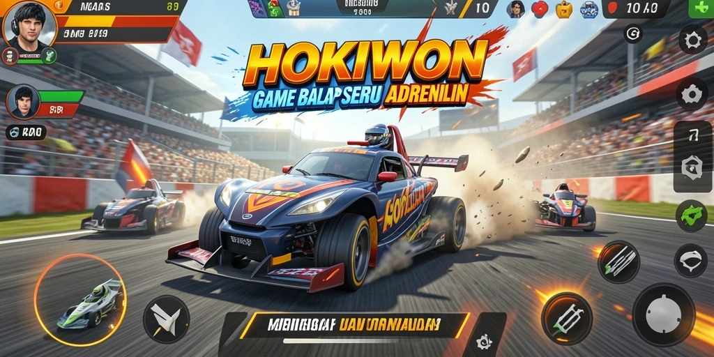 Tampilan gameplay seru dari HOKIWON dengan berbagai kendaraan balap.
