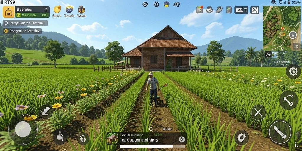 Screenshot gameplay RT99 menunjukkan keseruan bertani yang menyenangkan.