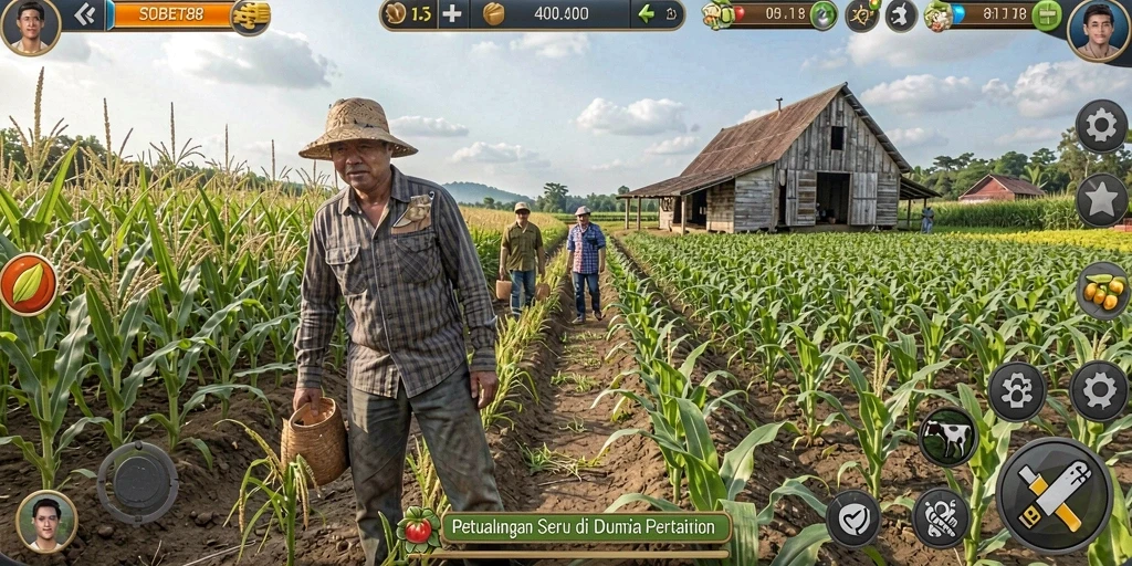 Tangkapan layar gameplay SOBET88 dengan suasana pertanian yang indah.
