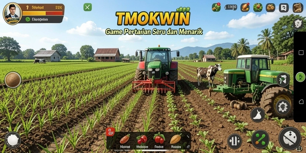 Tangkapan layar TMOKWIN menampilkan pengalaman bertani yang menarik dan interaktif.