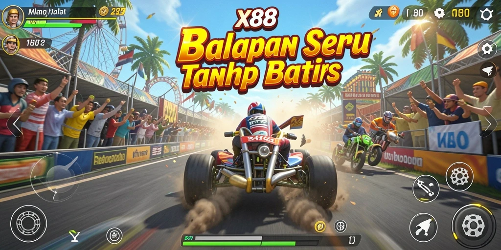 Tampilan gameplay X88 saat balapan menegangkan dengan mobil cepat.